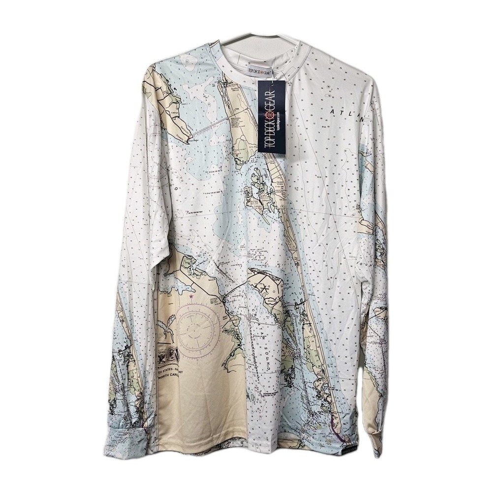 NWT Top Deck Gear Mens Large Nautical Chart Long Sleeve Performance Shirt